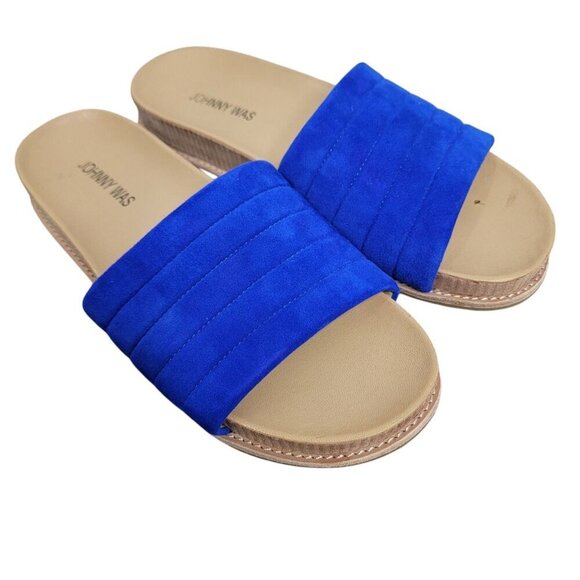 Johnny Was Solid Stitch Blue Tan Slip On Sandals Size 9 Beach Colorful Tropical - Picture 1 of 7